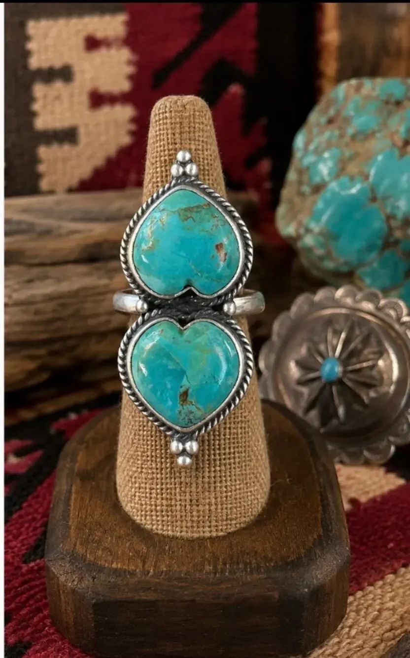 Large Double Heart Kingman Mojave Turquoise Sterling Silver Statement Ring